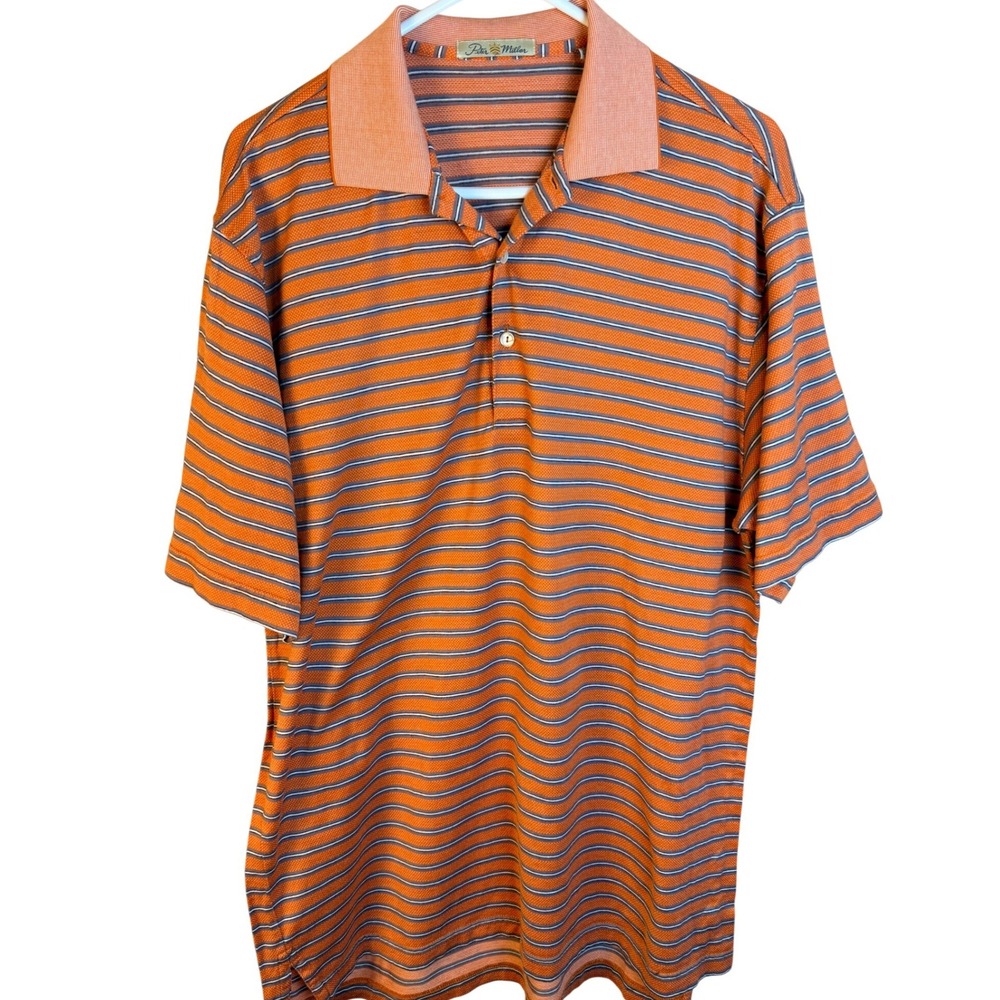 Peter Millar Mens Orange Striped Double Mercerized Cotton Polo Shirt Medium M